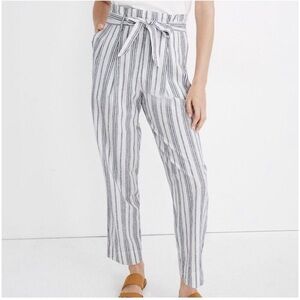 Madewell White Linen Cotton Paperbag Pants Dark Baltic Stripe AN839 Size 6